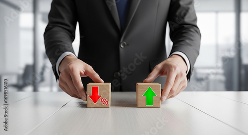 Business growth strategy analysis showcasing financial decrease success trends with arrows pointing up down and