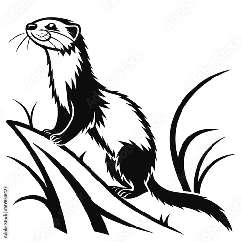 Stylized black and white illustration of a ferret perched on a branch with grass