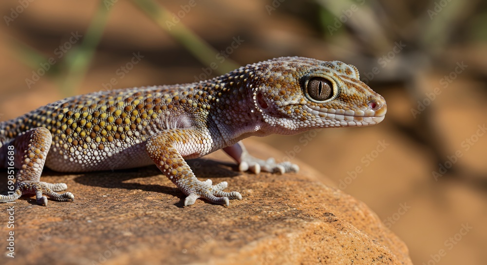 Fototapeta premium Detailed close up of gecko reptile resting on a rock surface outdoors