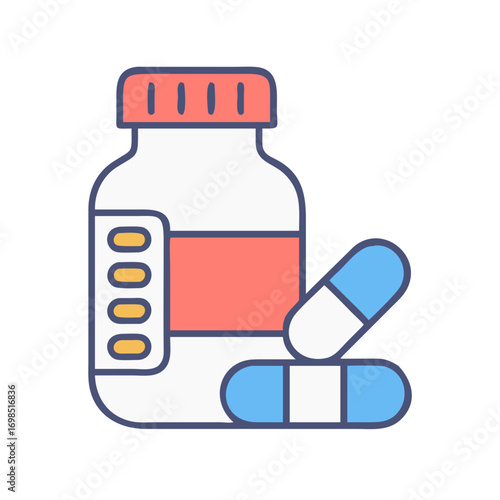 Colorful vitamin bottle with pills against black background design