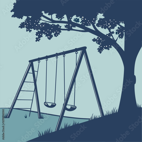 a serene park scene with swings under a large tree
