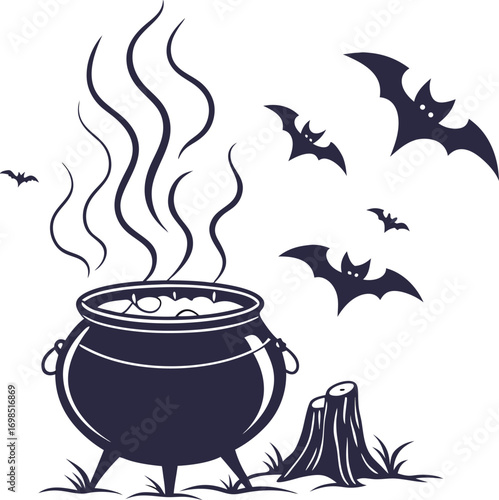 Stylized silhouette of a bubbling cauldron with mystical smoke effects