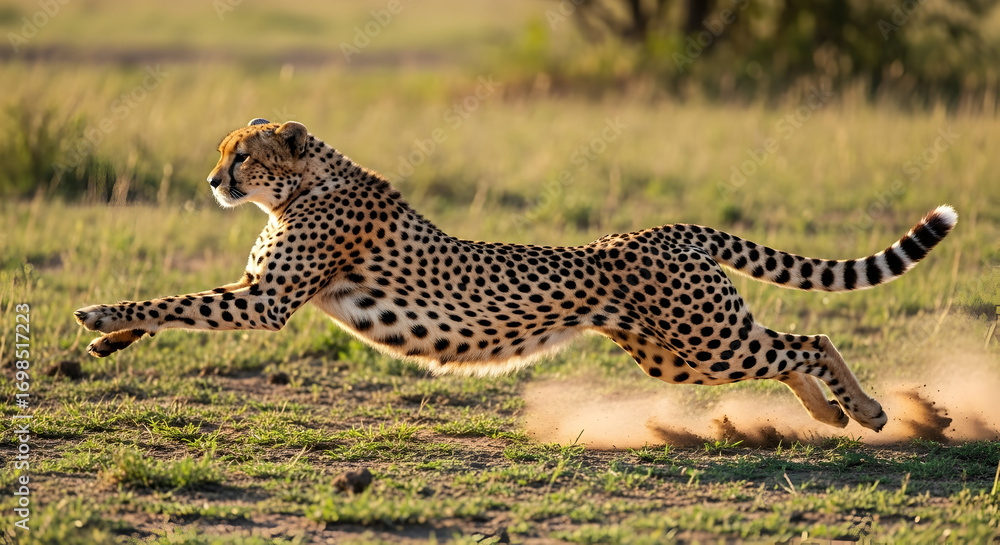 Fototapeta premium Fast Cheetah Running Across Grassy Savannah Landscape at Sunset