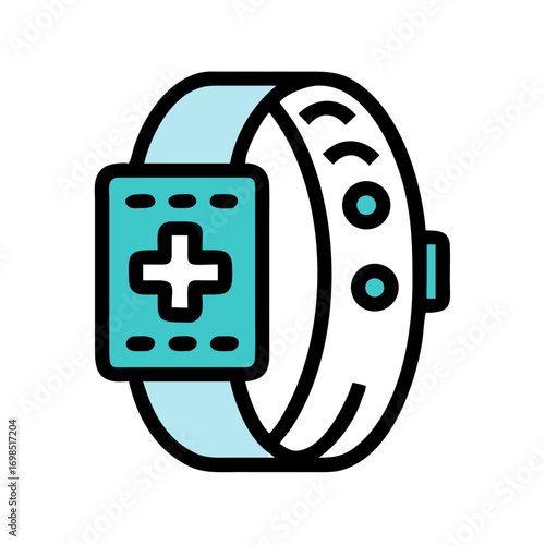 Medical smartwatch icon with cross in light blue hues