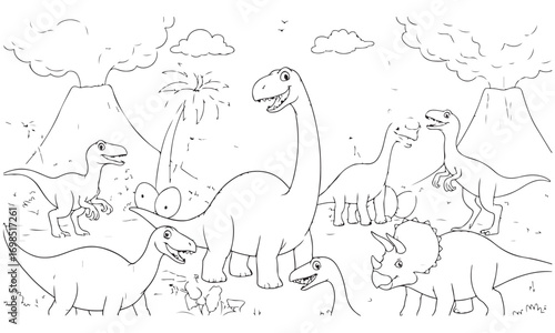 Happy Cartoon Dinosaurs in Prehistoric Landscape Coloring Page