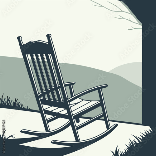 a serene outdoor scene featuring an old wooden rocking chair