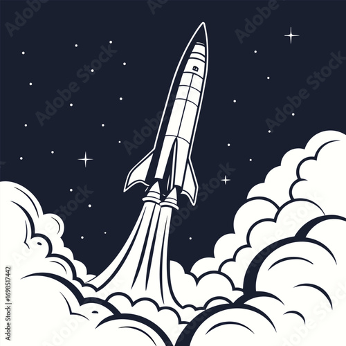 a rocket launching into space above fluffy clouds
