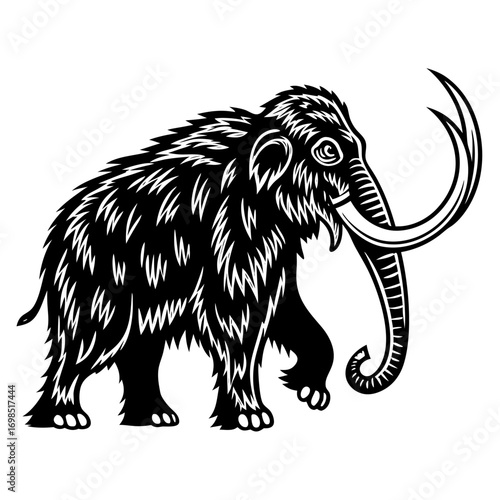 Stylized black and white illustration of a walking woolly mammoth