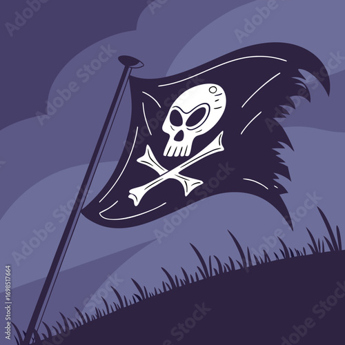 a pirate flag waving under stormy skies with grass below