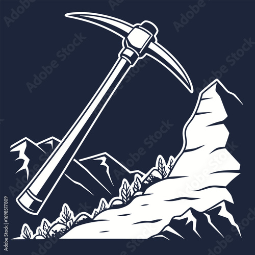 a pickaxe stands upright against rugged mountain terrain