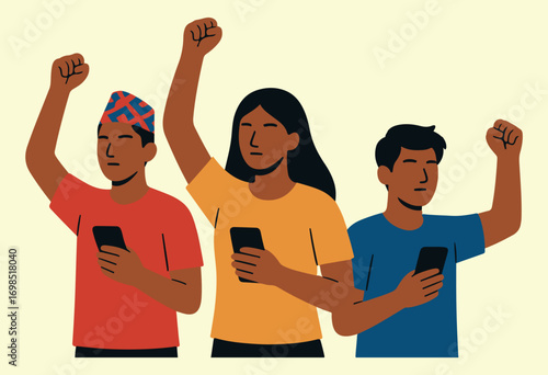 Minimalist flat vector of three young activists with raised fists and smartphones, symbolizing revolution, social change, empowerment, and digital activism