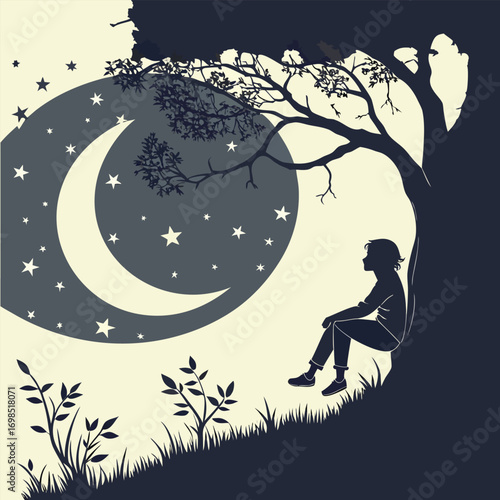 a serene night scene with moon stars tree and sitting figure