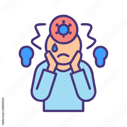 Concerned character with virus symbol and stressful lightbulbs