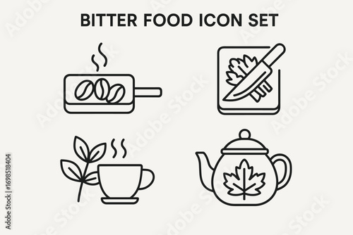 Bitter Food Line Icons Set with Herbs, Tea and Cooking Tools