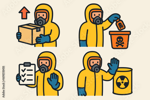 Hazmat Worker Icons with Toxic and Radioactive Materials in Flat Style