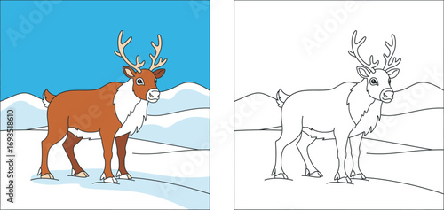  Cute Cartoon Reindeer Standing in a Snowy Winter Landscape - Ideal for Christmas and Holiday Designs (125 characters)