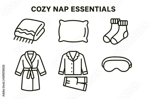 Cozy Nap Essentials Icons – Blanket, Pajamas, Robe, Socks & Sleep Mask