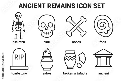 Ancient Remains Icon Set – Skeleton, Fossil, Skull, Bones & Historic Artifacts