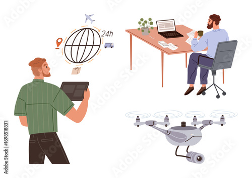 Man controls transportation using tablet, globe with logistics icons, modern workplace setup, delivery Quadcopter. Ideal for tech, innovation, logistics, delivery systems, e-commerce productivity