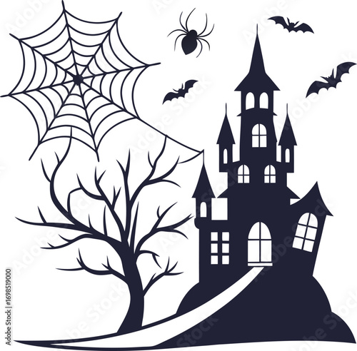 Stylized silhouette of an old crooked castle with dramatic architectural features
