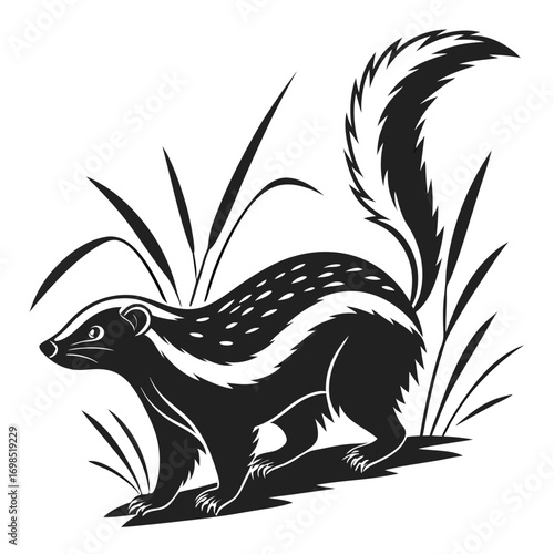 Stylized black and white skunk illustration among reeds