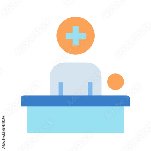 Minimalistic graphic illustration of a health professional at desk