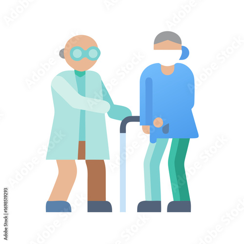 Doctor assisting elderly woman with walking stick vector icon