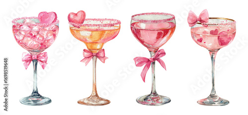 Watercolor set of cocktail glasses. Glasses with champagne and rose wine decorated with bow and heart. Romantic drinks for a coquette party and Valentine's Day. Vector illustration.