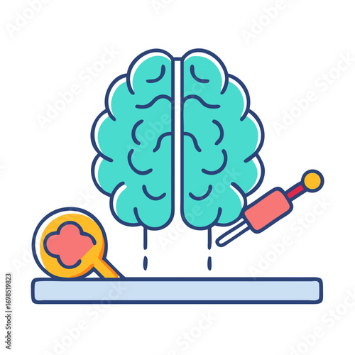 Illustration of brain research with syringe and magnifying glass