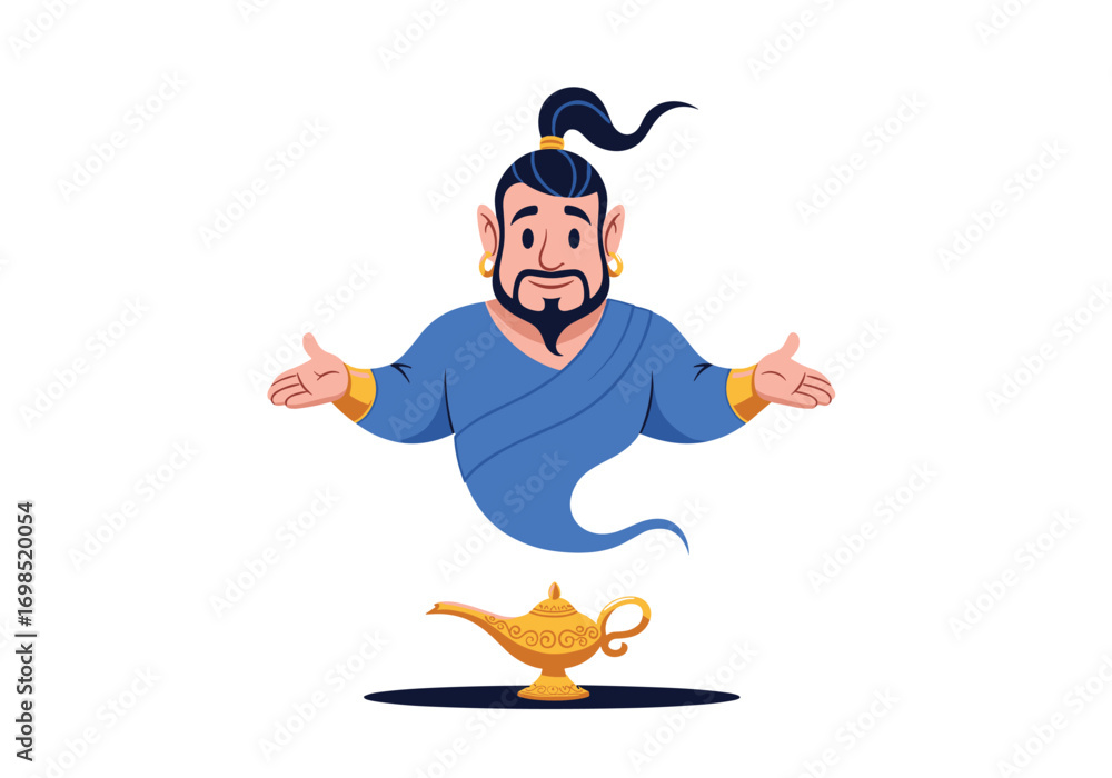 Naklejka premium Mystical genie emerging from a magical lamp with open arms