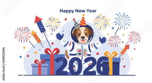 Happy New Year dog astronaut with fireworks and gifts