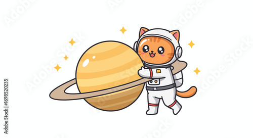 Cartoon cat astronaut hugging planet Saturn with rings