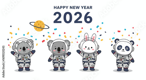Cartoon astronauts celebrating New Year 2026 with confetti and a planet