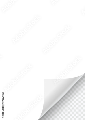 Curly White Page Corner, realistic vector design isolated on Transparent background