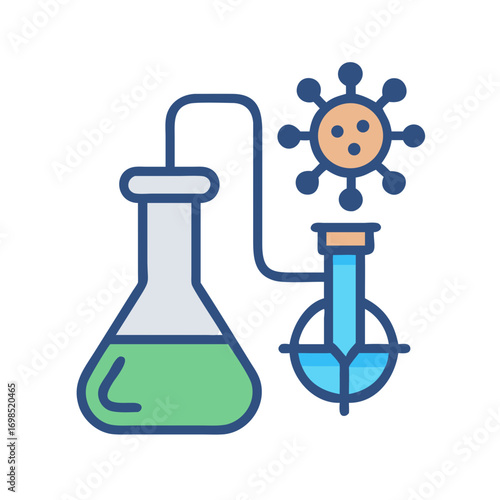 Scientific research illustration featuring virus molecule and laboratory glassware