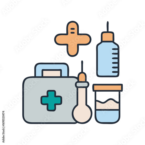 Stylized medical kit and equipment on black background