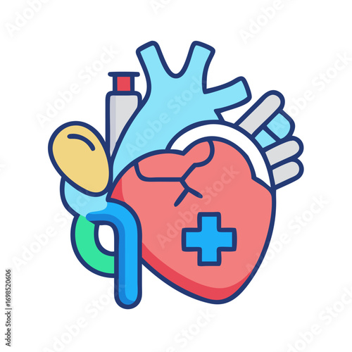 Colorful heart illustration, anatomical diagram for medical concept art