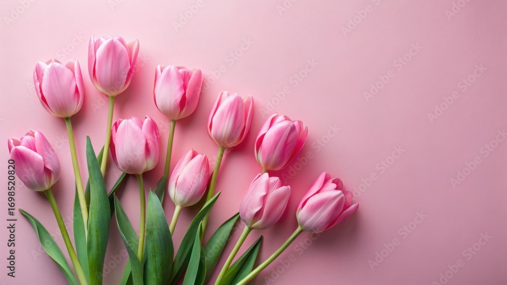 Fototapeta premium A Delicate Arrangement of Light Pink Tulips on a Soft Pink Background