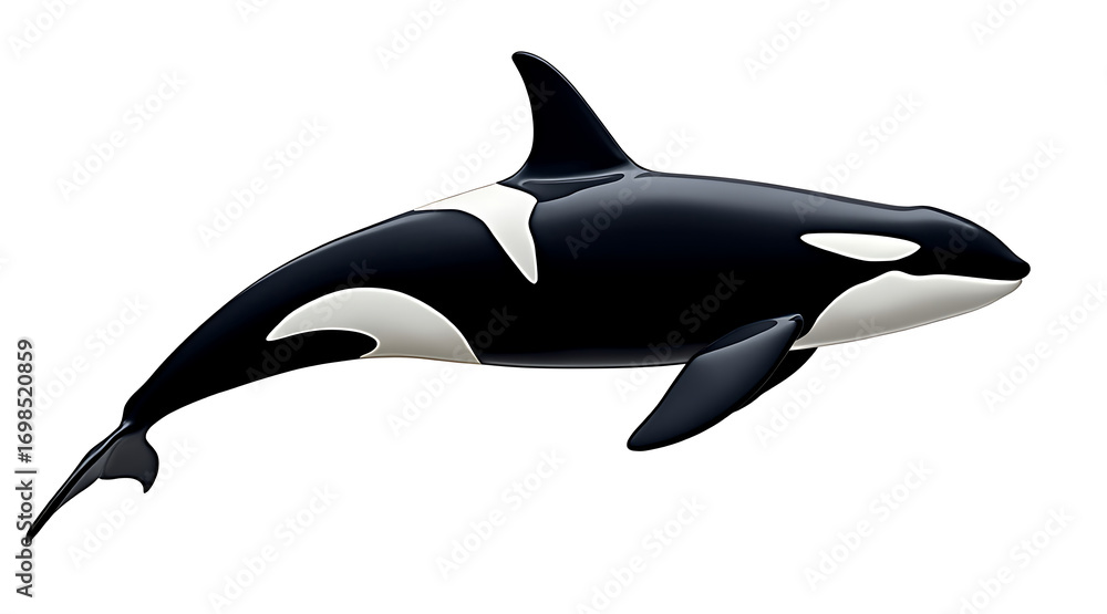 Fototapeta premium Orca whale with black and white body swimming isolated on white background in realistic style digital illustration