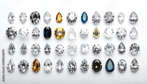 Array of faceted gems on white background