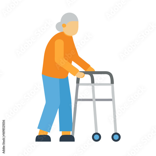 Stylized illustration of elderly woman using walker for support