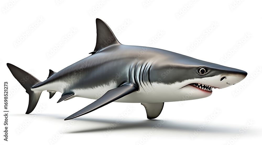 Fototapeta premium Realistic photograph of full body shark isolate with sharp teeth and sleek gray skin swimming in white background