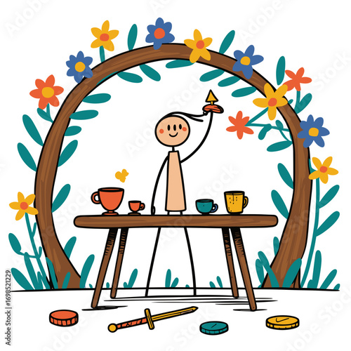 Cartoon character serving tea at outdoor table surrounded by flowers. Major Arcana Tarot 1 Magician  