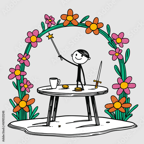Boy playing with magic wand and sword at table surrounded by flowers. Major Arcana Tarot 1 Magician  