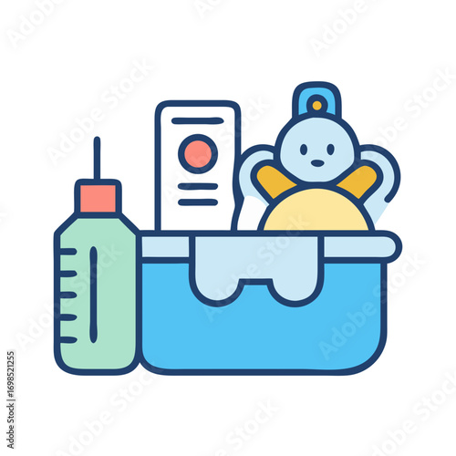 Baby essentials kit in blue container, flat illustration