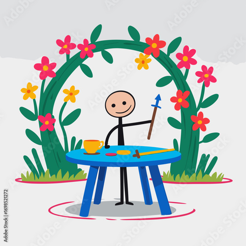 Stick figure painting with brush at blue table in flower garden. Major Arcana Tarot 1 Magician  