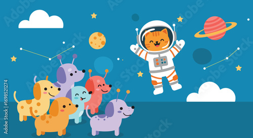 Cartoon cat astronaut floats in space among doglike aliens and planets