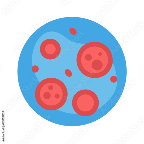 Circular flat illustration depicting cellular activity or biological structures