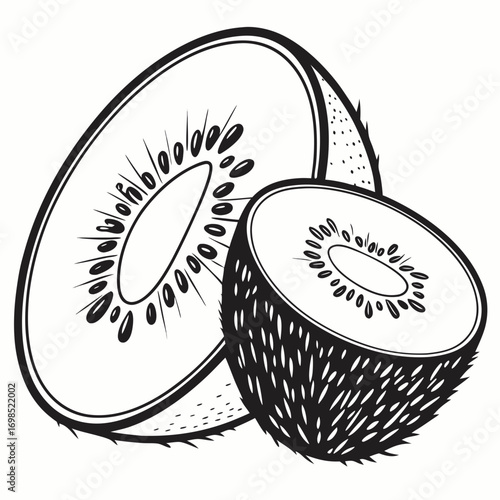 Black and white illustration of a whole kiwi and a sliced kiwi
