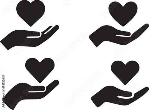 Four black heart icons held in open hands silhouette